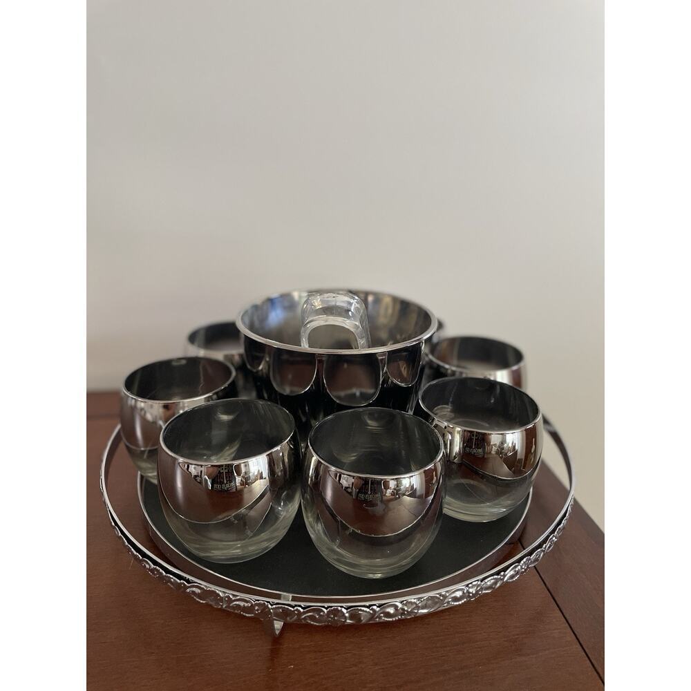 Vintage MCM Dorothy Thorpe Silver Rimmed Glass Set Ice Bucket Tray Barware Lot